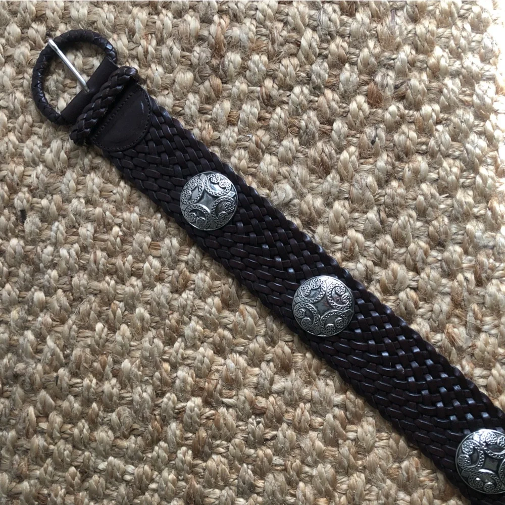 New: Anthropologie Woven Leather Belt with Silver Medallions. Size Medium